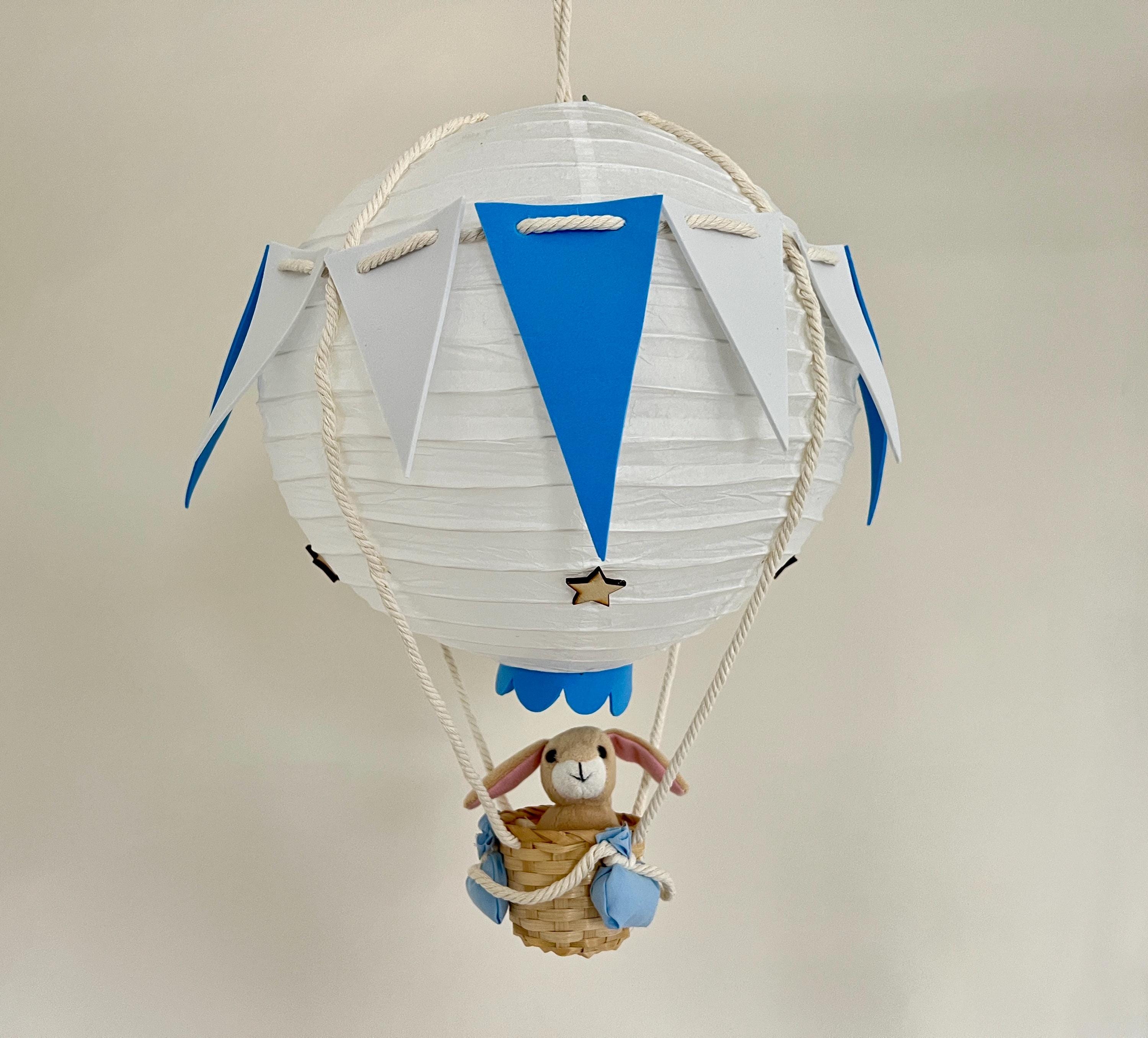 Hot Air Balloon Lampshade in Soft Blue Grey with Natural Wicker basket  for Children's room, Nursery or