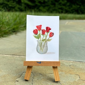 Miniature Watercolor Roses in a Vase Tiny Art Original Small Paintings Painted Roses Painted Flowers Watercolor Flower Wall Art Wall Decor