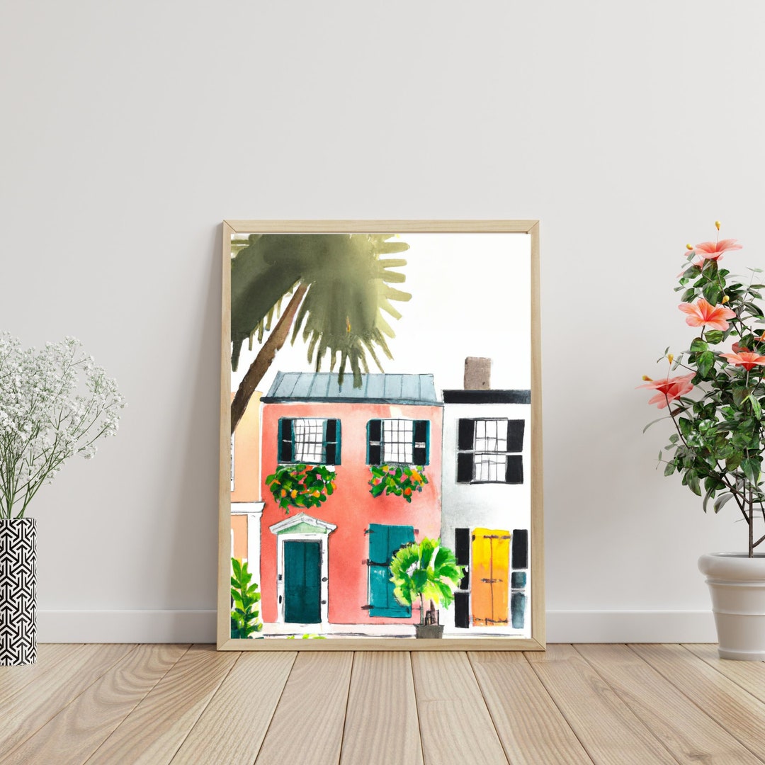 Charleston Houses Print in Watercolor With Citrus and Palms - Etsy