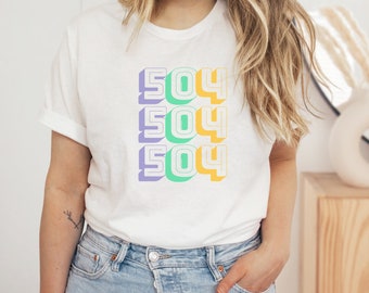 504 Area Code T-Shirt, New Orleans Mardi Gras Colors