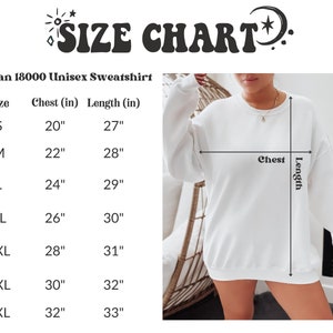 May include: Size chart for a Gildan 18000 Unisex Sweatshirt. The chart shows chest and length measurements in inches for sizes S to 4XL.