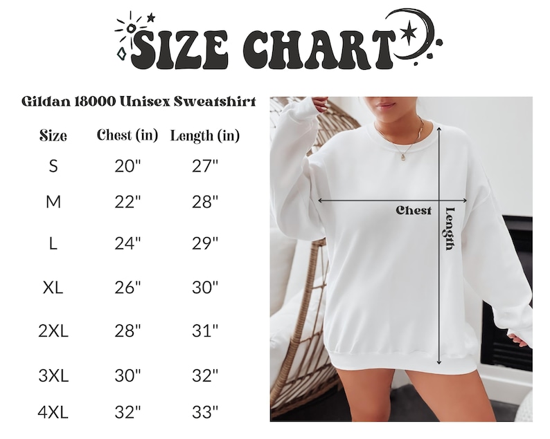 May include: Size chart for a Gildan 18000 Unisex Sweatshirt. The chart shows chest and length measurements in inches for sizes S to 4XL.