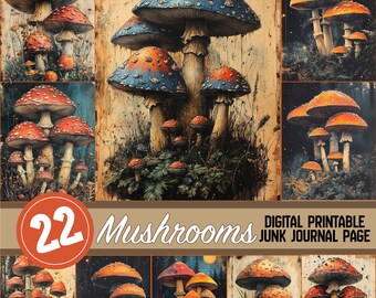 Mushroom junk Journal Paper, Digital , Printable scrapbook, vintage, mystical mushrooms, Download