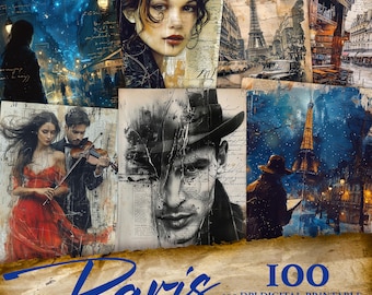 Paris Vintage Ephemera, Watercolor Scrapbook, 100 JPGs (Digital Download)
