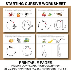 May include: Printable cursive writing worksheet with the title "STARTING CURSIVE WORKSHEET". The worksheet includes examples of cursive letters with dotted lines for tracing. The text "PRINTABLE PAGES" and "PAPER SIZE 11" X 8.5" are also visible.
