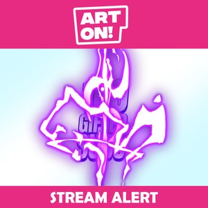 May include: A purple and white animated graphic with the text "GIF SUB" and "STREAM ALERT" on a light blue background. The graphic is stylized to look like an explosion or a burst of energy.