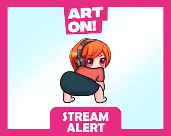 May include: An illustration of an anime-style character with orange hair and headphones, wearing a red shirt and teal shorts, in a crawling pose. The image includes the text "ART ON!" and "STREAM ALERT" in white on a pink background.