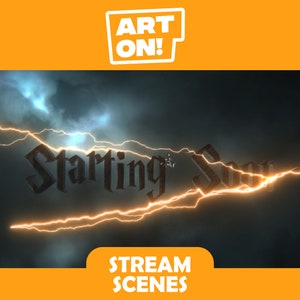 Könnte beinhalten: Ein dunkler Hintergrund mit einem stürmischen Himmel und Blitzen. Der Text "Starting Soon" ist in einer fetten, gotischen Schrift geschrieben.
