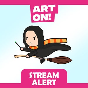 May include: A cartoon illustration of a character from the Harry Potter series flying on a broomstick. The character is wearing a black robe with a yellow and orange scarf. The text "ART ON!" is in the upper right corner of the image. The text "STREAM ALERT" is in the lower right corner of the image.