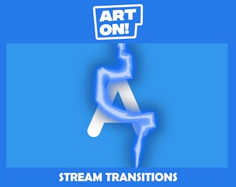 May include: A blue and white graphic with the text "ART ON!" in a white speech bubble at the top. The letter "A" is in white with a blue lightning bolt effect around it. The text "STREAM TRANSITIONS" is at the bottom of the graphic.