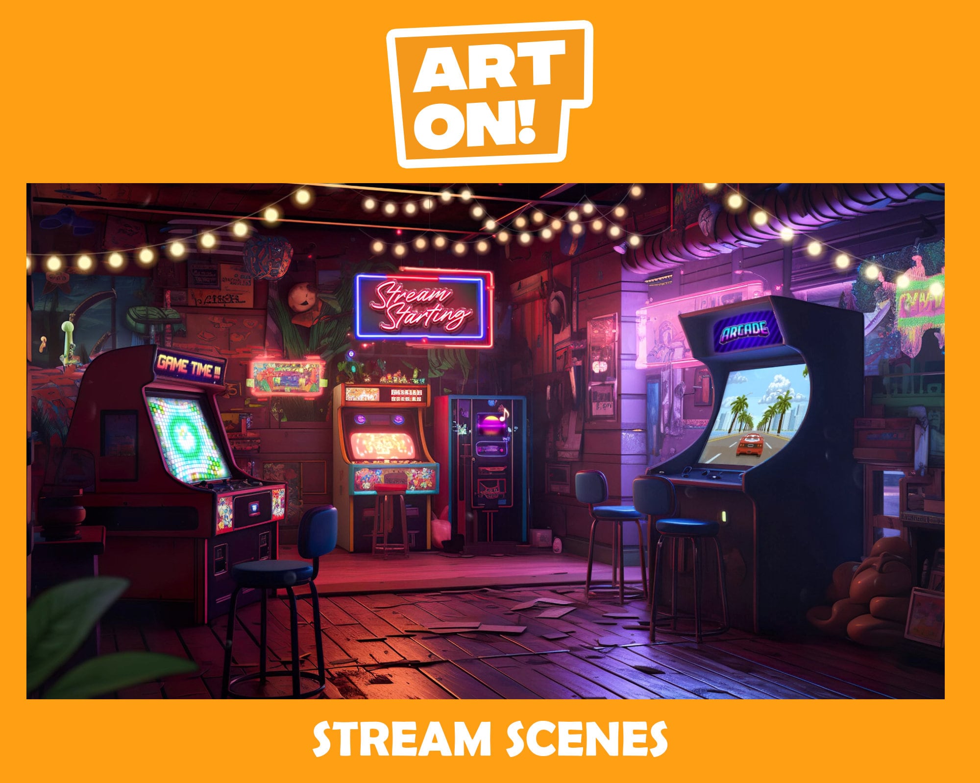 Twitch stream animated scenes and just chatting gaming room arcade pixel