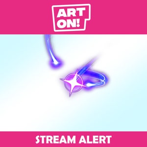 May include: A blue and purple animated stream alert graphic with a starburst design and the text "STREAM ALERT" at the bottom.
