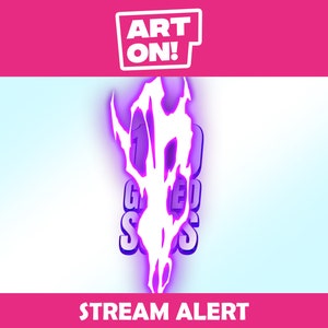 May include: Purple and white animated stream alert graphic with the text "ART ON!" in a white box with a black outline and the text "STREAM ALERT" in white text on a pink background.