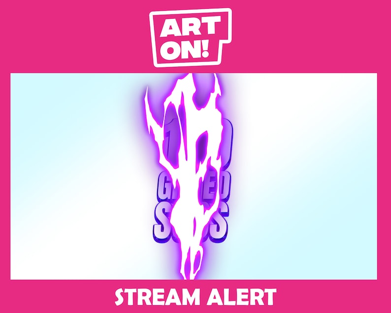 May include: Purple and white animated stream alert graphic with the text "ART ON!" in a white box with a black outline and the text "STREAM ALERT" in white text on a pink background.