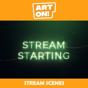 Peut inclure: Un panneau lumineux vert néon avec le texte "STREAM STARTING" sur un fond sombre avec une ligne rouge et des points blancs.