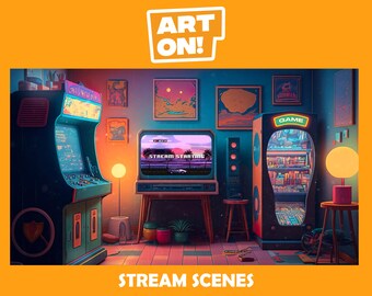 May include: A retro-themed gaming room with a vintage arcade cabinet, a television displaying a pixelated racing game with the text "STREAM STARTING", a refrigerator with the word "GAME" on it, and a lamp with a round, yellow shade.
