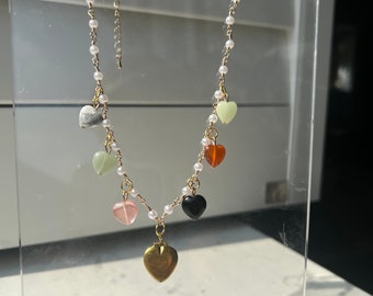 Colored stone heart charm necklace