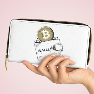 Carteira com zíper com logotipo Bitcoin, carteira branca segura e elegante para entusiastas de criptografia