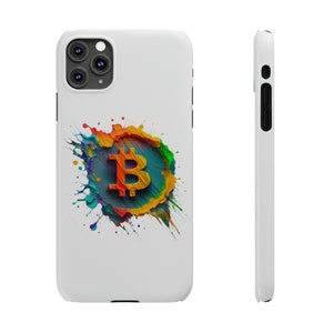 May include: A white iPhone case with a colorful paint splatter design featuring a 3D Bitcoin symbol in the center.