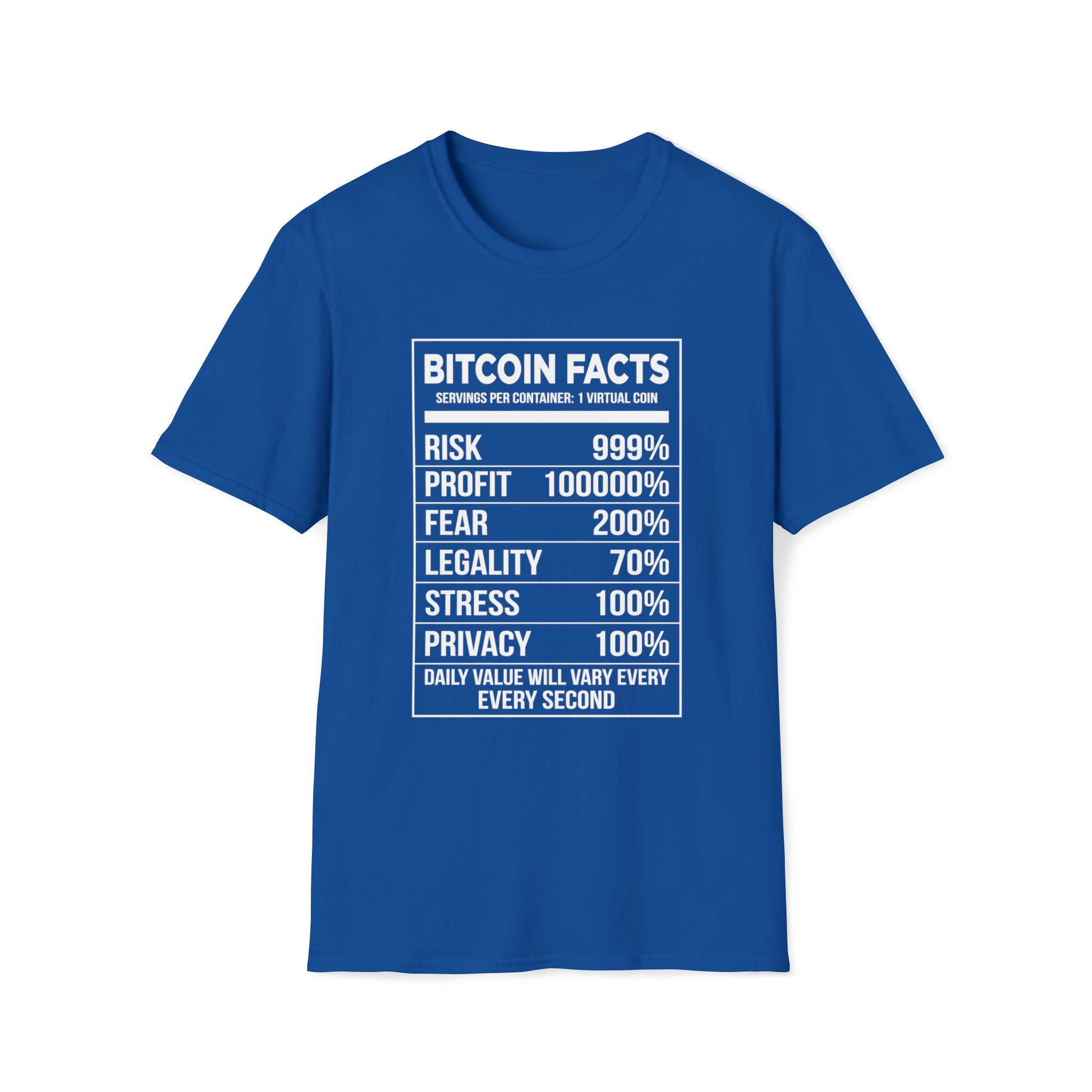 Bitcoin Facts T-shit | Humor Tee: Nutritional Facts - Risk, Profit, Fear,  Legality, Stress BTC Gift Ideas - Etsy