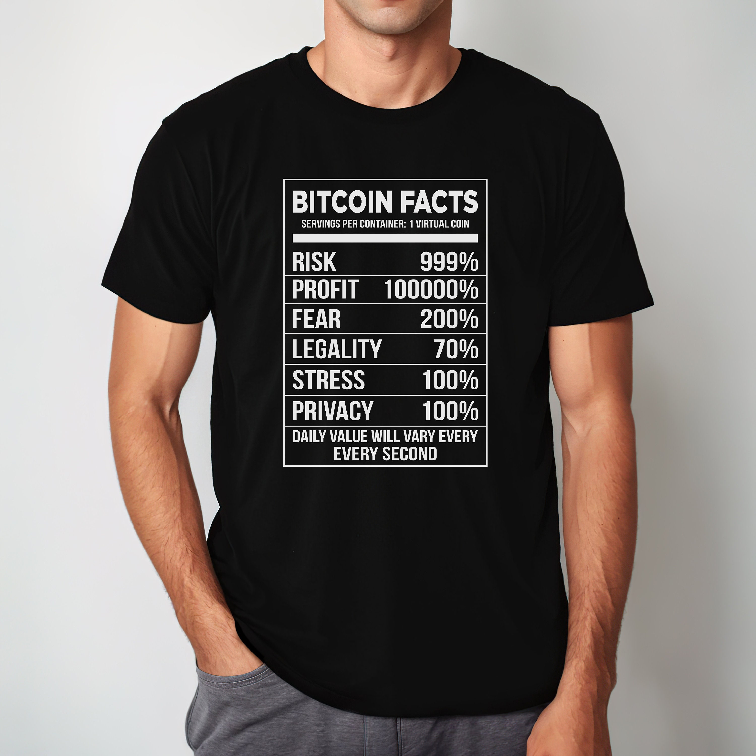 Bitcoin Facts T-shit | Humor Tee: Nutritional Facts - Risk, Profit, Fear,  Legality, Stress BTC Gift Ideas - Etsy
