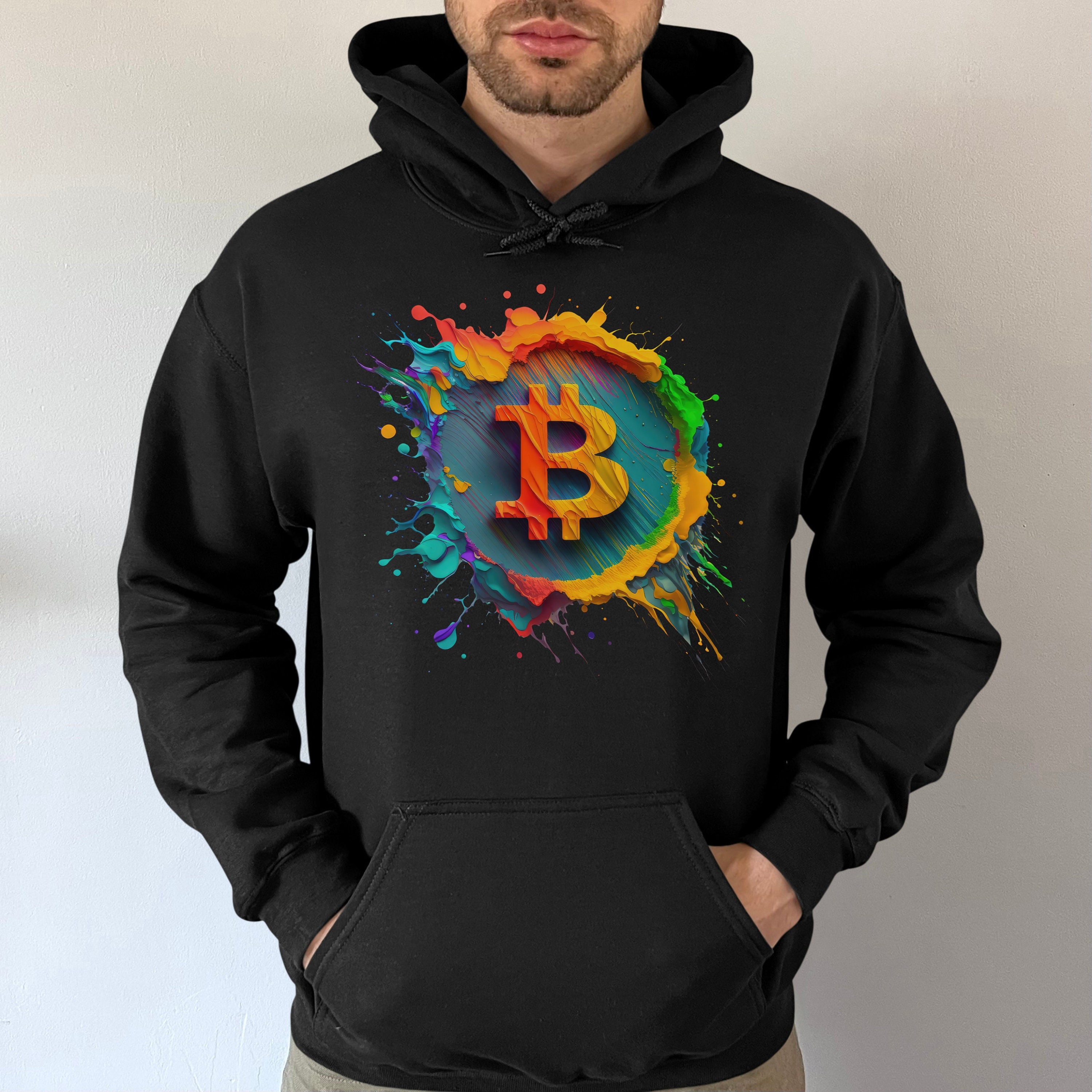 Hand Painted Bitcoin Logo Hoodie - Colorful Crypto Art, Cryptocurrency Enthusiast Gift, Stylish Oil Painted BTC Logo Sweatshirt