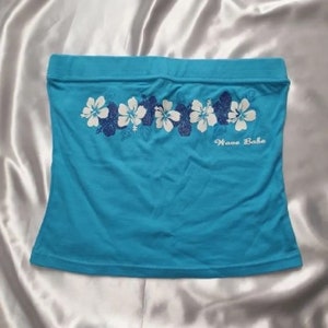 Y2k blue crop top bandeau embroidered hibiscus flower beachwear coconut girl aesthetic women’s summer clothes beach streetwear trendy gift