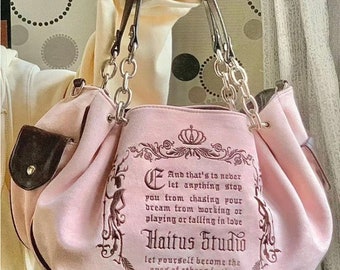 Juicy Couture Bag Style y2k Vintage Luxury Pink/Gray Velvet Embroidery Large-Capacity Shoulder Tote Female Purse Bag, Juicy Couture Purse