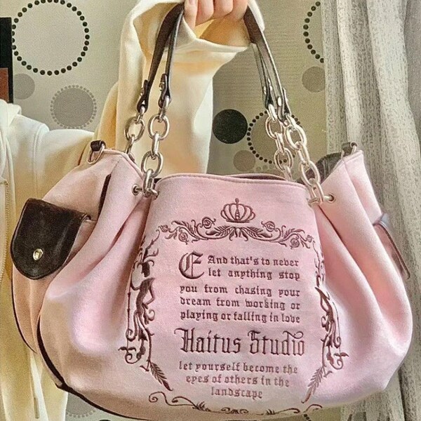 Sac à main Juicy Couture style vintage y2k de luxe en velours rose/gris avec broderie, grande capacité, sac à main pour femme, sac à main Juicy Couture