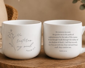 He Restores My Soul Mug Psalm 23 Bible Verse Coffee Cup Christian Latte Mug Christian Gift for Women Coffee Lover Gift Faith Mug Coffee Gift
