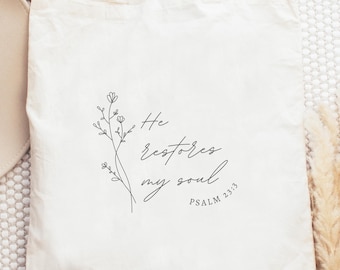 Bolsa minimalista com versículo bíblico "Ele restaura a minha alma" (Salmo 11:14) - Bolsa tote para Bíblia - Acessórios cristãos - Bolsa de viagem boho - Presente cristão para ela