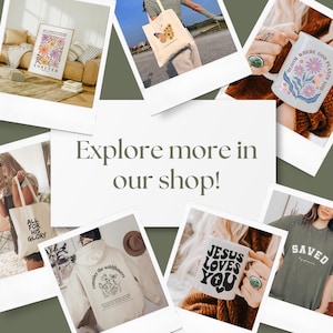 May include: A collection of tote bags, mugs, and apparel featuring Christian-themed designs. The designs include floral patterns, butterflies, and inspirational quotes like "All for His Glory", "Bloom Where God Plants You", "Jesus Loves You", and "Consider the Wildflowers".