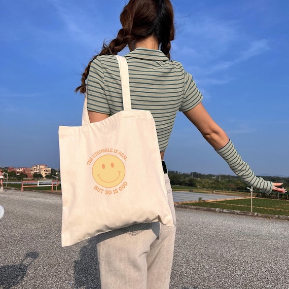 Inspirational Tote Faith Based Bag Retro Smiley Face Bag Reusable Shopping Tote Christian Book Bag for Church Bible Study Tote Bag for Women