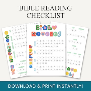 Puede incluir: Una colorida lista de verificación de lectura bíblica con las palabras "Bible Reading Checklist" en la parte superior. La lista de verificación incluye varios libros de la Biblia, con números para rastrear el progreso de la lectura. La frase "Download & Print Instantly!" está en la parte inferior.