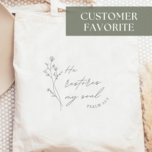 Sac minimaliste, il restaure mon âme Psaume verset biblique Fourre-tout Bible Sac fourre-tout Accessoires chrétiens Sac de voyage bohème Cadeaux chrétiens de moins de 25 ans