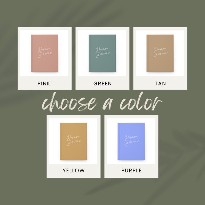 May include: Five rectangular journals with the text Dear Jesus printed on the front covers. The journals are available in five distinct solid colours: pink, green, tan, yellow, and purple. Each journal is displayed within a white square frame.