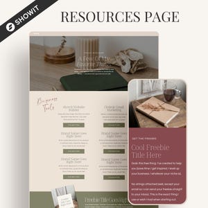 May include: A digital resources page template featuring a header titled RESOURCES PAGE, a section for Business Tools with placeholders for brand names and descriptions, and a sidebar with a maroon background titled GET THE FREEBIE.