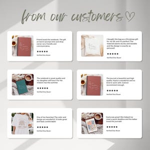 Puede incluir: Imagen que muestra rese&ntilde;as de clientes para cuadernos, diarios y una bolsa de mano. Cada rese&ntilde;a incluye una calificaci&oacute;n de cinco estrellas y el texto "Verified Etsy Buyer". La frase "from our customers" est&aacute; en la parte superior.