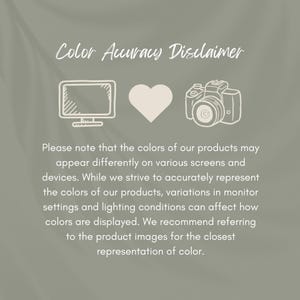 Puede incluir: Un descargo de responsabilidad sobre la precisi&oacute;n del color sobre un fondo gris. El texto dice "Descargo de responsabilidad sobre la precisi&oacute;n del color" encima de ilustraciones de un monitor de computadora, un coraz&oacute;n y una c&aacute;mara. El texto explica que los colores pueden variar.