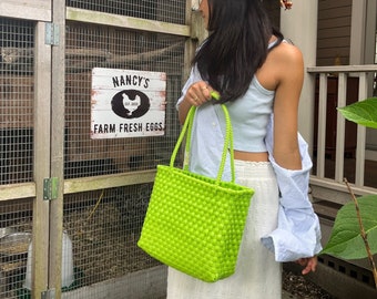 Apple Green Tote Plastic Bag, Handwoven Recycled Plastic Bag, Handmade Woven Purse