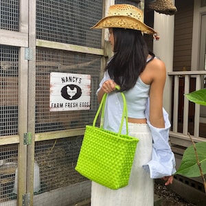 Apple Green Tote Plastic Bag, Handwoven Recycled Plastic Bag, Handmade Woven Purse