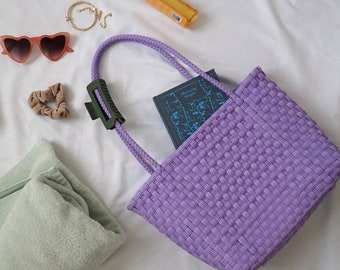 Cabas lilas Sac en plastique équitable, Sac en plastique recyclé tissé à la main, Porte-monnaie tissé main