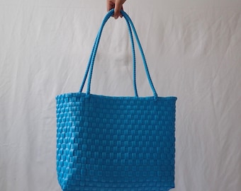 Sky Blue Tote Fairtrade Plastic Bag, Handwoven Recycled Plastic Bag, Handmade Woven Purse