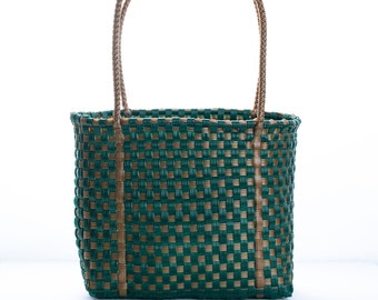 Sac en plastique fourre-tout à carreaux vert et or, sac en plastique recyclé tissé à la main, sac à main tissé à la main
