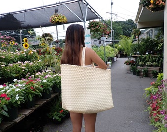 Cream Oversized Beach Tote Sand, Fairtrade Plastic Bag, Handwoven Recycled Plastic Bag, Handmade Woven Purse, Large Womens Tote, 2000s Tote