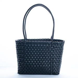 Black Tote Plastic Bag, Handwoven Recycled Plastic Bag, Handmade Woven Purse