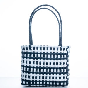 Black and White Railroad Tote Plastic Bag, Handwoven Recycled Plastic Bag, Handmade Woven Purse