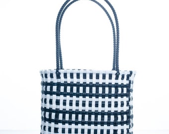 Black and White Railroad Tote Plastic Bag, Handwoven Recycled Plastic Bag, Handmade Woven Purse