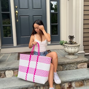 Pink and White Oversized Beach Tote Sand, Fairtrade Plastic Bag, Handwoven Recycled Plastic Bag, Handmade Woven Purse