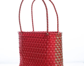 Sac en plastique fourre-tout à carreaux rouges et or, sac en plastique recyclé tissé à la main, sac à main tissé à la main